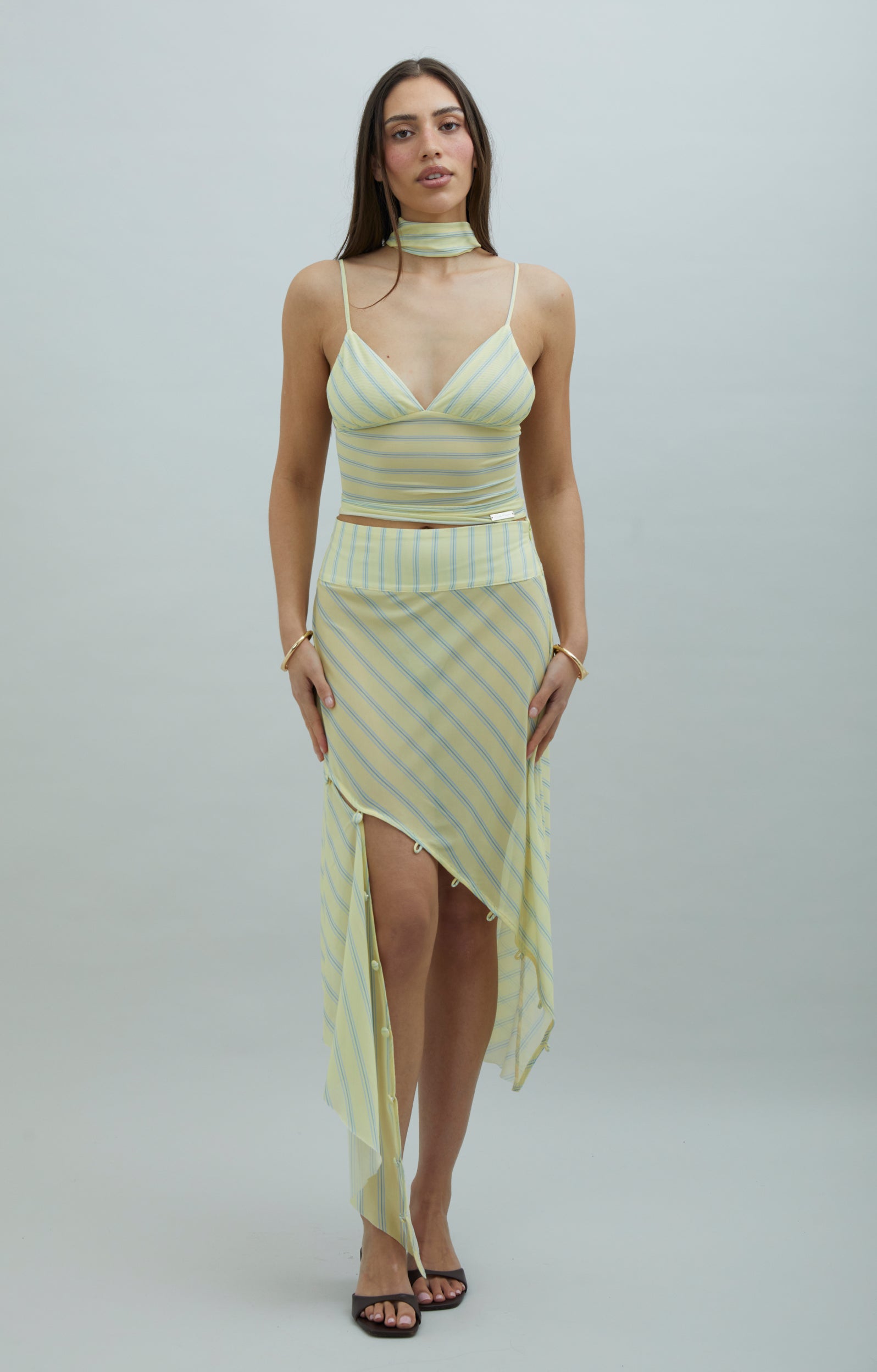 STRIPED MESH ASYMMETRIC SKIRT
