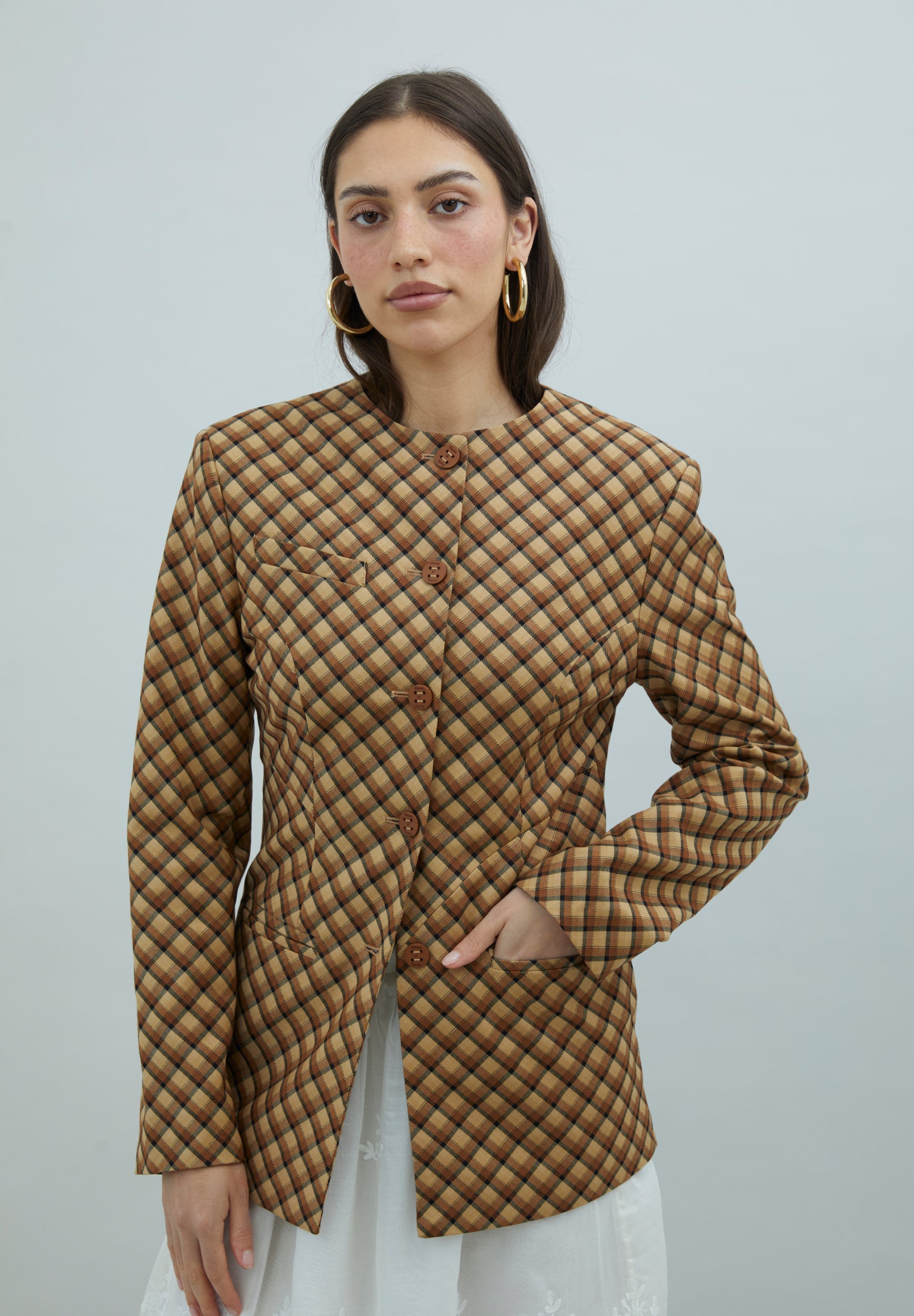CHECK COLLARLESS BLAZER
